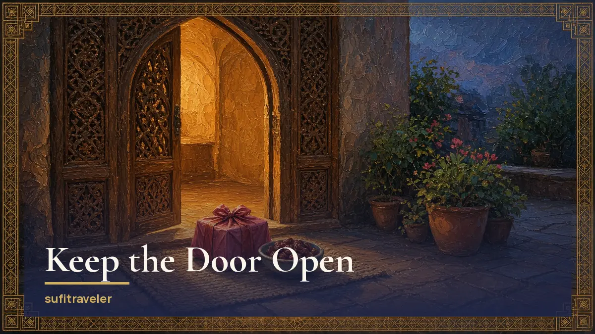Oil painting of a carved wooden doorway with warm lamplight falling on a wrapped rose-coloured gift and a bowl of dates at dusk: Asma' bint Abi Bakr and her mother's visit