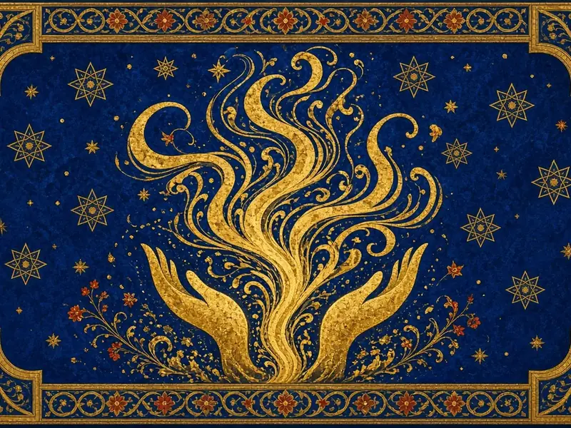 Gold light rising from abstract open hands into calligraphic ribbons on lapis blue