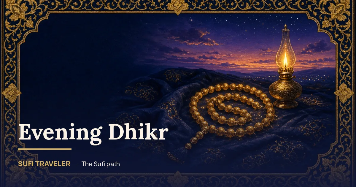 Illuminated-manuscript style painting of golden prayer beads beside an oil lamp at twilight