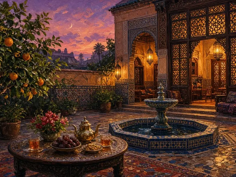 Courtyard home at Maghrib with lanterns, a fountain, and tea and dates set out