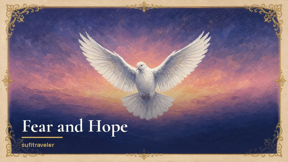 White dove with wings spread against an indigo-to-rose dawn sky in a gold arabesque cream frame: fear and hope (khawf and raja) in Sufi teaching