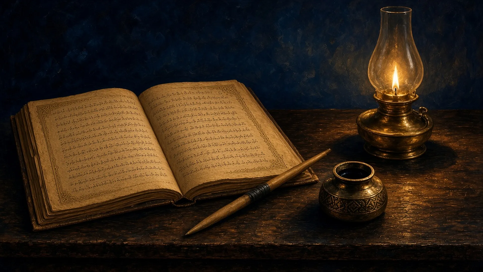 An open gilded manuscript, a reed pen and a brass ink pot glowing under oil lamplight on a dark desk against deep navy