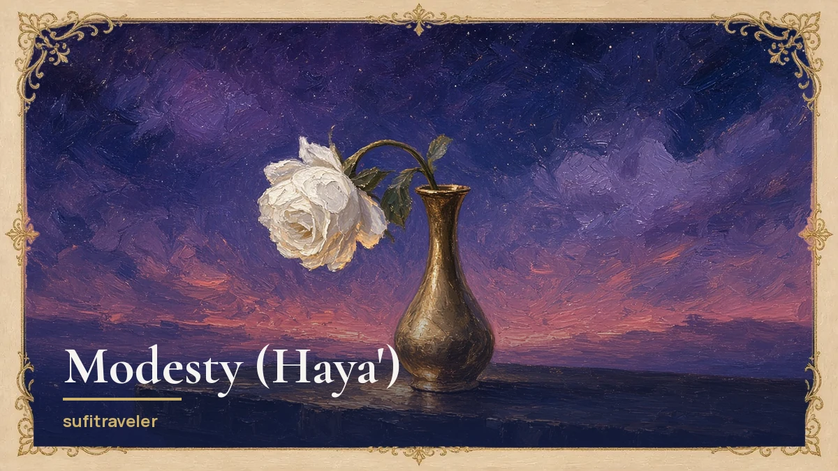 Painted single white rose bowing its head from a brass vase under a starry indigo sky, in a cream and gold filigree frame, titled Modesty (Haya), sufitraveler