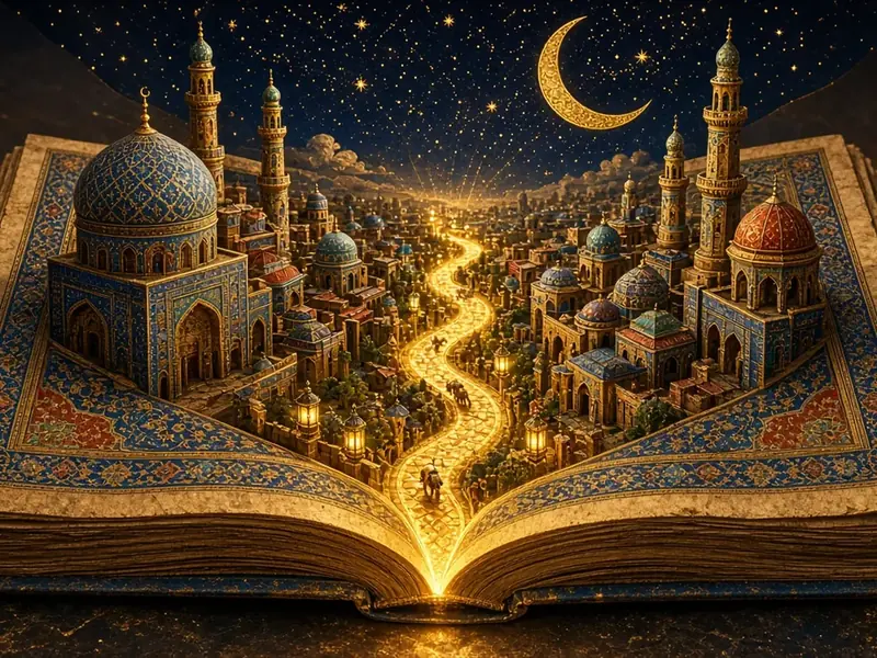 Illuminated open book unfolding into a city of domes and minarets under a crescent moon