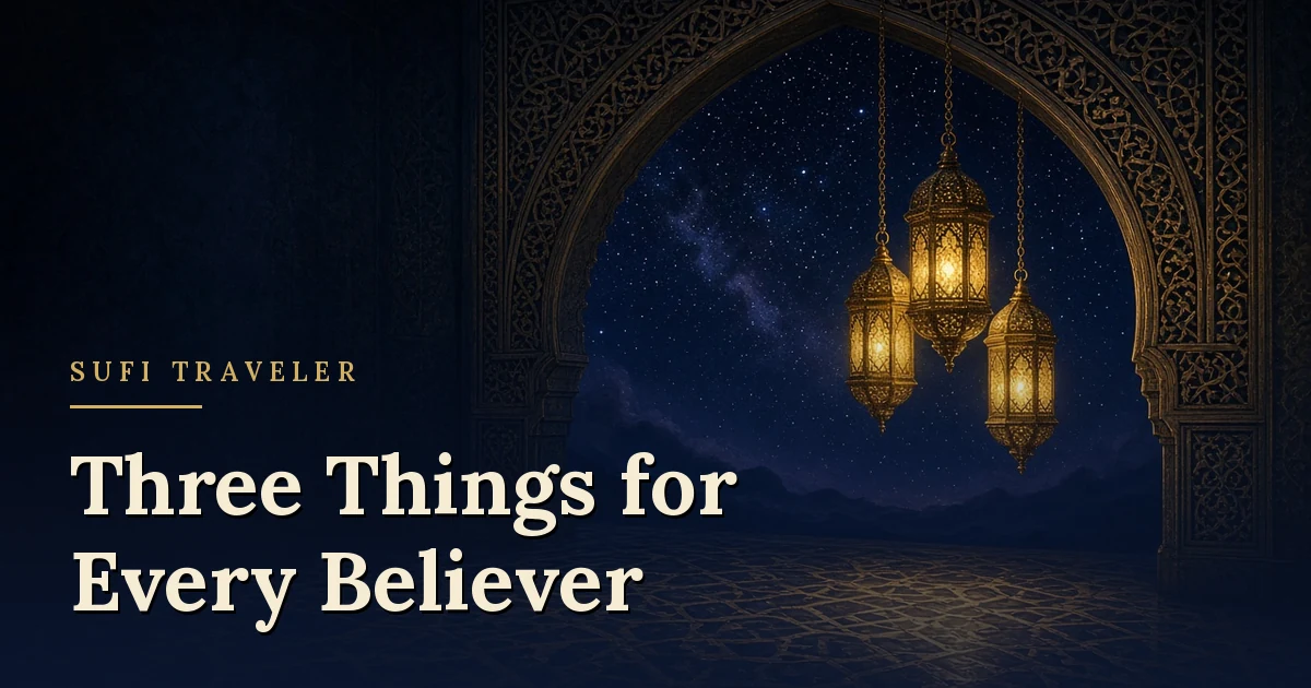Glowing brass lanterns hanging in a carved arch at night, illustrating Shaykh Abd al-Qadir Jilani's Futuh al-Ghayb and its three things for every believer