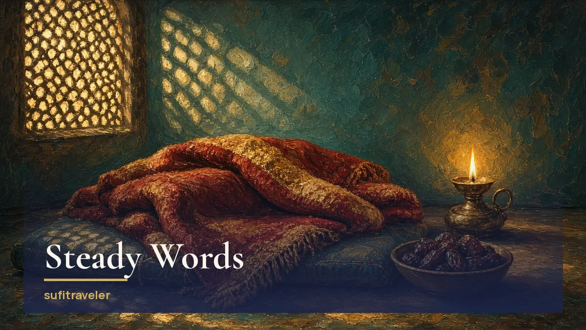 Oil painting of a folded woven blanket on a cushion beside a glowing brass lamp and a bowl of dates, with lattice light on the wall: Khadijah's steady words