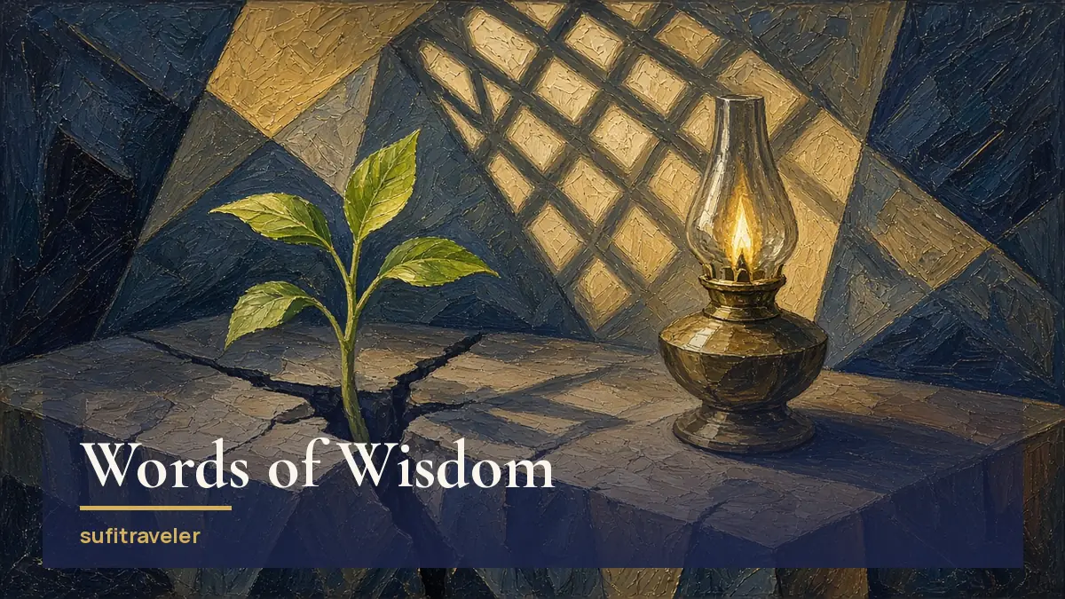 Oil painting of a green seedling growing through a crack in a stone ledge beside a glowing brass oil lamp under a lattice shadow: Luqman's advice to his son