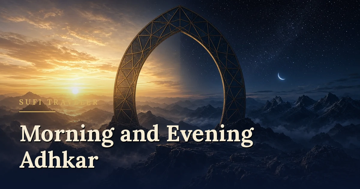 An arch framing the sky from dawn to dusk, illustrating authentic morning and evening adhkar (remembrances) with references