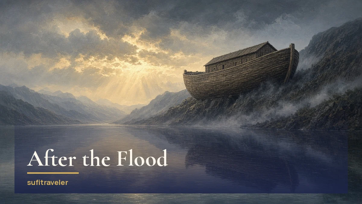 A wooden ark resting on a misty mountainside above calm floodwater at dawn