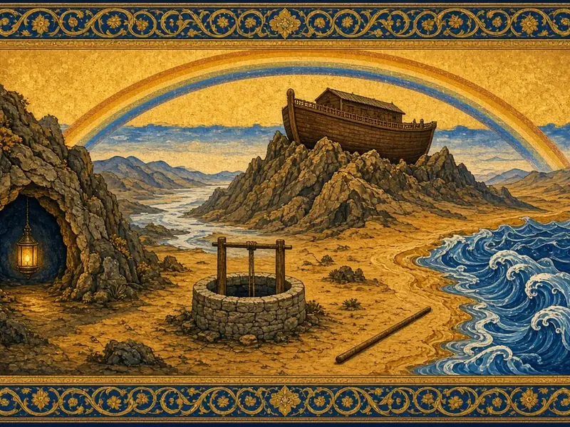 Miniature-style landscape with an ark on a mountain, a lantern in a cave, a well and a staff by the sea