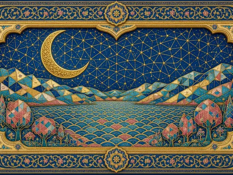 Illuminated mushaf-style border framing a geometric crescent, sea and garden landscape