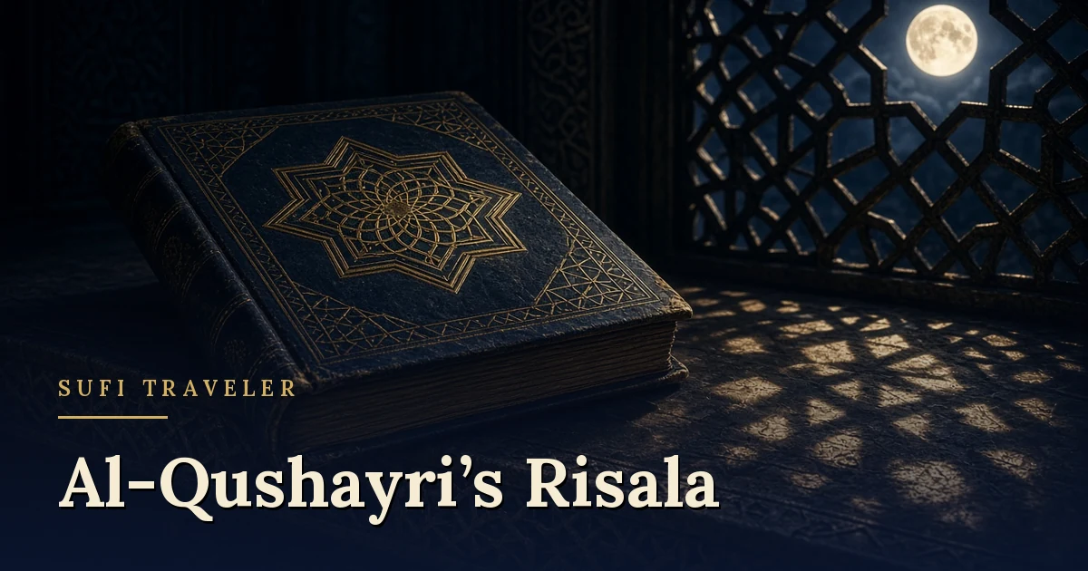 A classic book under moonlight falling through a carved lattice window, illustrating a reader's introduction to al-Qushayri's Risala