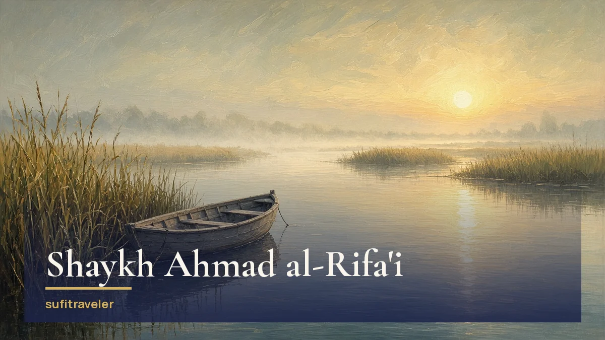 Empty wooden boat among golden reeds on a still marsh at sunrise