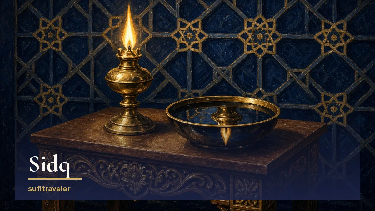 Brass oil lamp flame mirrored exactly in a dark polished water bowl on a carved lectern against indigo geometric lattice
