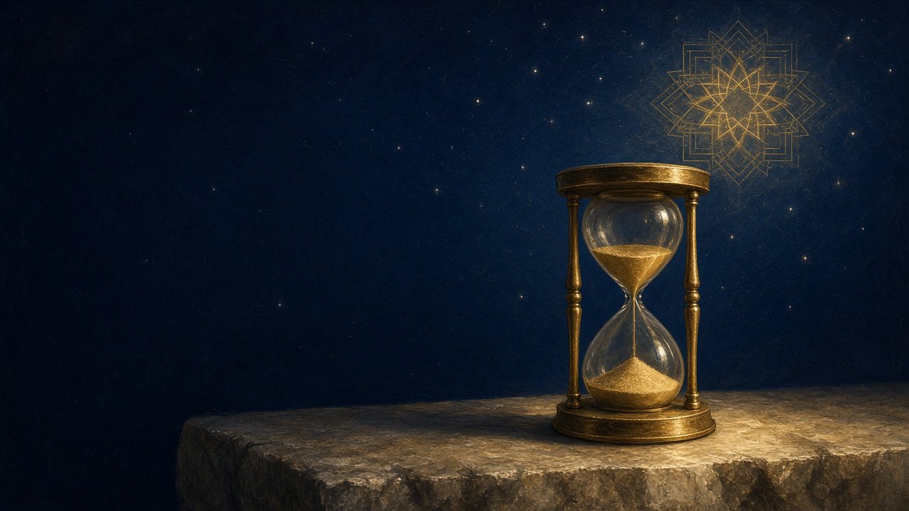 Antique brass hourglass with golden sand on a dark starry background