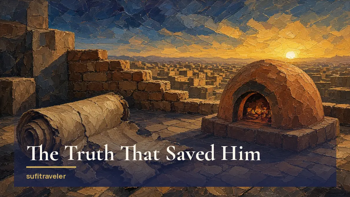 Half-burnt parchment scroll beside a glowing clay oven on a rooftop at dawn