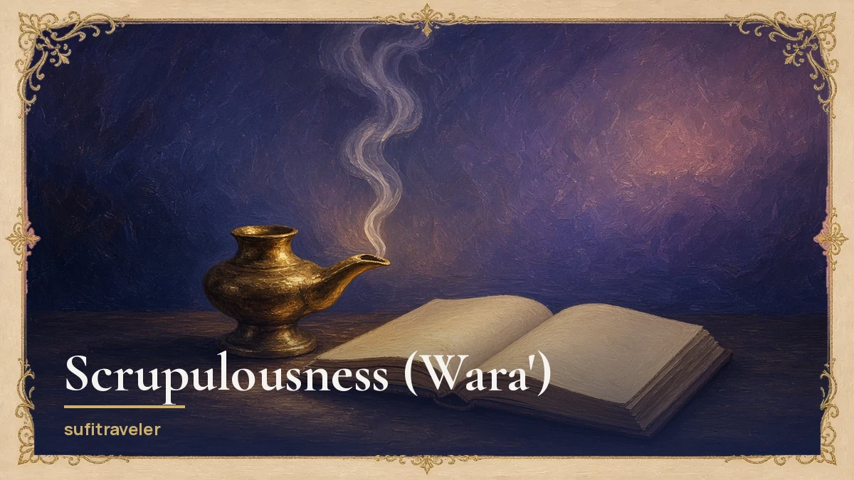 Painted brass oil lamp just put out, with a thin curl of smoke beside an open book, in a cream and gold filigree frame, titled Scrupulousness (Wara), sufitraveler