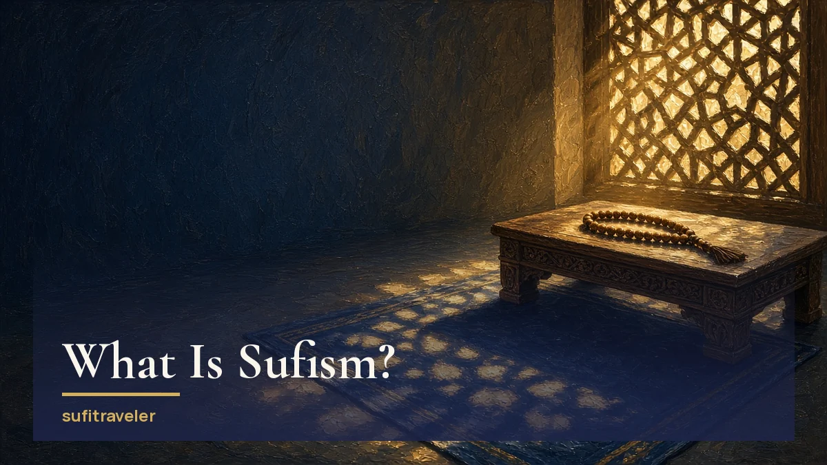 Painting of dawn light through a carved geometric lattice window onto a blue prayer rug and a wooden tasbih on a low table: what is Sufism in Islam