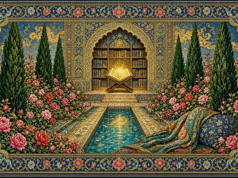 Persian-miniature rose garden leading to a library alcove with an open book