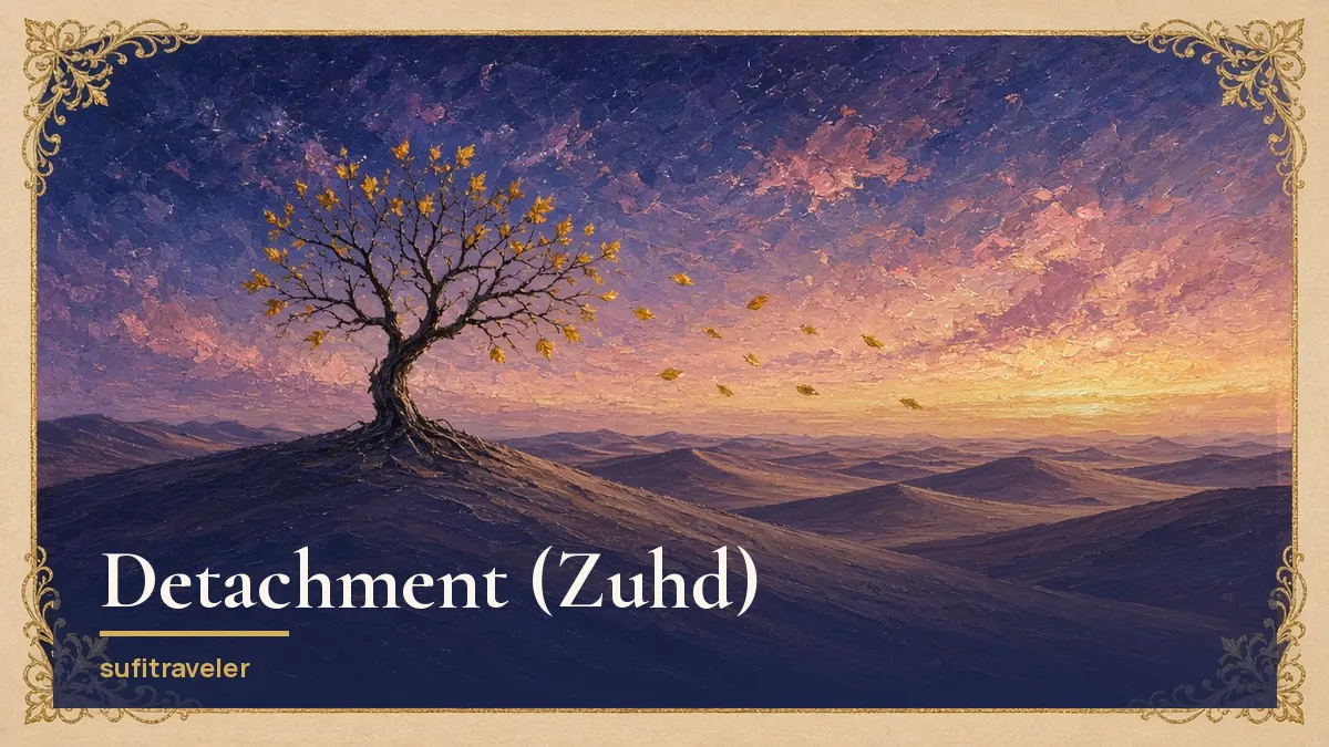 A lone tree on a dune letting golden leaves blow away into a rose and indigo dawn, inside a gold arabesque frame